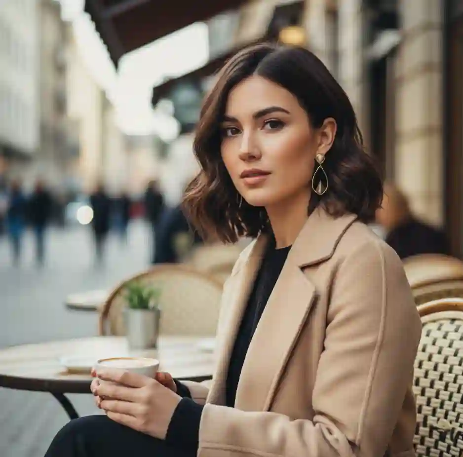 Heart face shape styling chart showing flattering lob haircuts and accessories